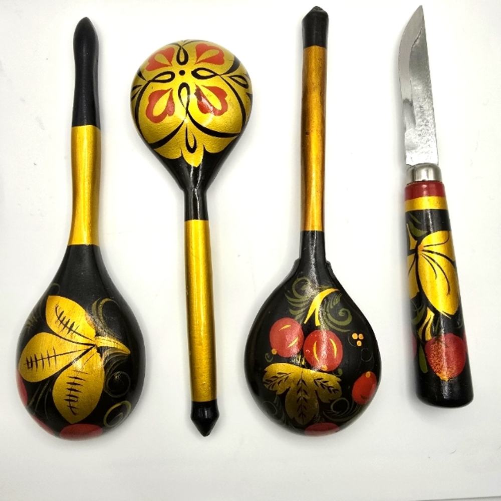 Vintage Russian Spoons Knife Set Of 4 Hand-painted +/- 8 Inches Long
